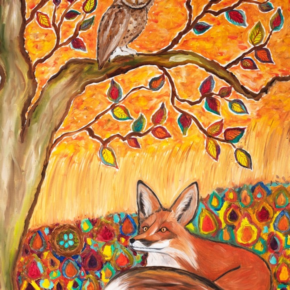 Fox Owl Autumn Ambience Art Print Oil Painting fall leaves tree animal whimsical - Picture 10 of 10